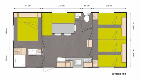 Lay-out 'Avantage' 3 slaapkamers, 6 personen.