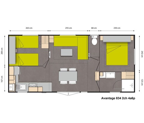 Lay-out 'Avantage' 2 slaapkamers, 4/6 personen.