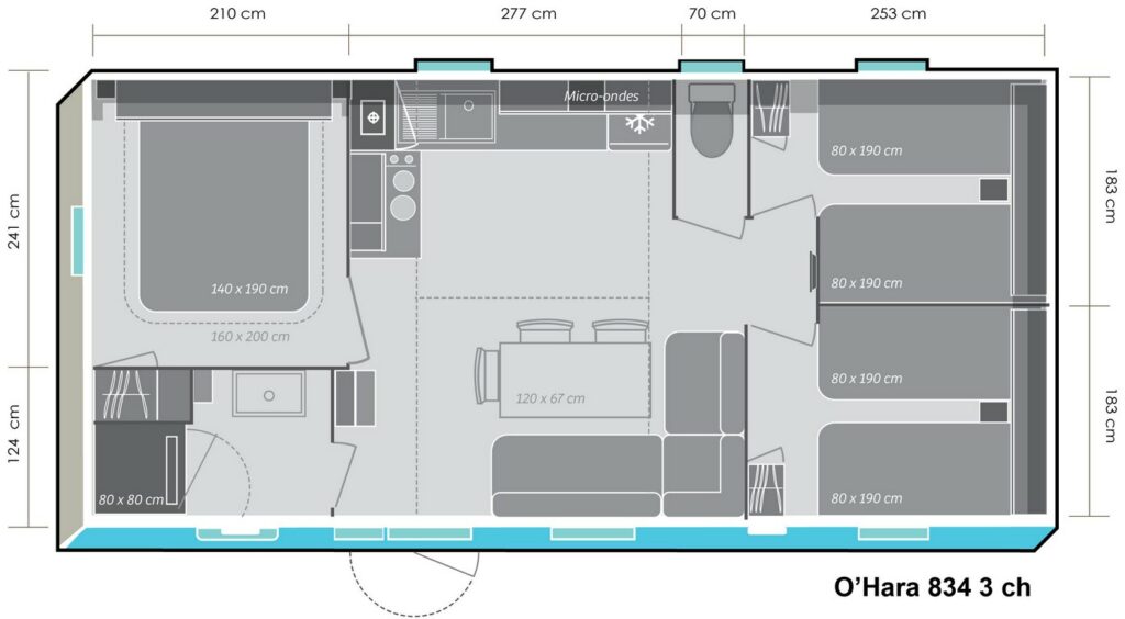 Lay-out 'Avantage' 3 slaapkamers, 6 personen.