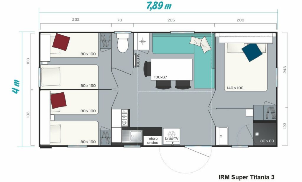 Lay-out 'Avantage' 3 slaapkamers, 6 personen.