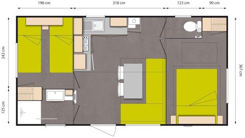 Lay-out 'Avantage' 2 slaapkamers, 4 personen.