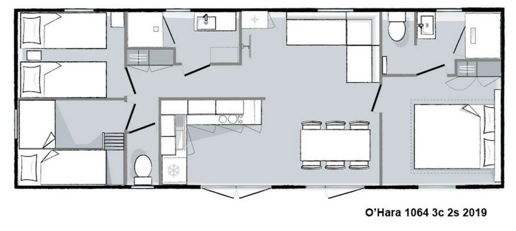 Lay-out Patio 3 slaapkamers, 6 personen.