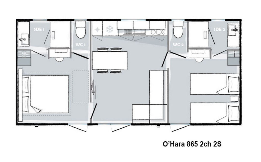 Lay-out Patio 2 slaapkamers, 4 personen.