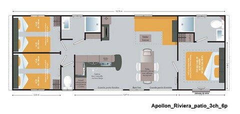 Lay-out Patio 3 slaapkamers, 6 personen.