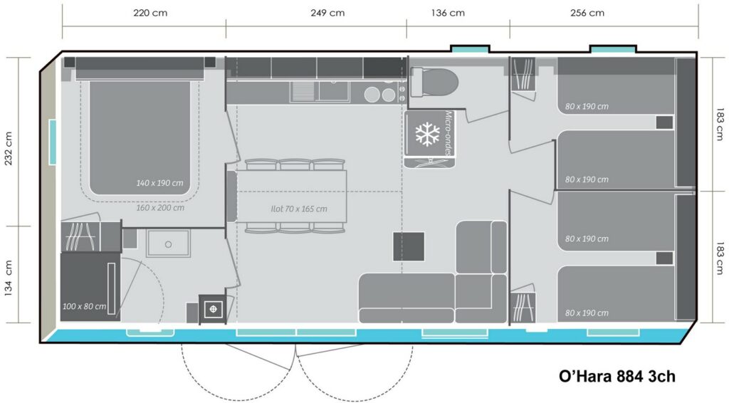 Lay-out 'Privilège' 3 slaapkamers, 6 personen.